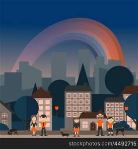 The city and rainbow. Vector illustration