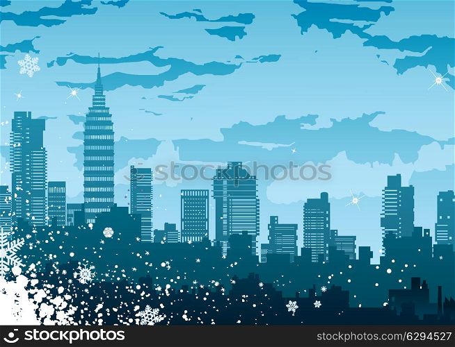 The city&rsquo;s skyline on the background of snowflakes