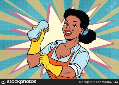 The cleaner with a sponge. African American people. Comic cartoon style pop art retro color picture illustration. The cleaner with a sponge. African American people