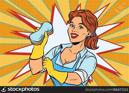 The cleaner with a sponge. Comic cartoon style pop art retro color picture illustration. The cleaner with a sponge