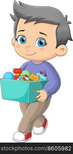 The cleaver boy is holding the box full of the toys 