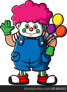 The clown boy is holding colorful balloon
