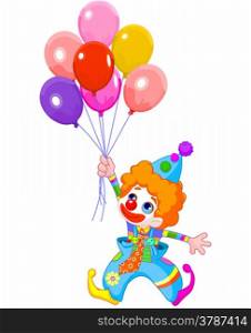The clown fly with balloons.
