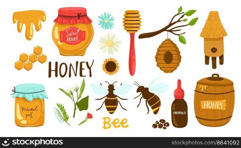 The collection of cute bee and honey and flower and leaf in the pack in flat vector style. set of bee for graphic. The collection of cute bee and honey and flower and leaf in the pack in flat vector style. set of bee for graphic and etc.