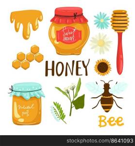 The collection of cute bee and honey and flower and leaf in the pack in flat vector style. set of bee for graphic and etc. The collection of cute bee and honey and flower and leaf in the pack in flat vector style. set of bee for graphic and etc.