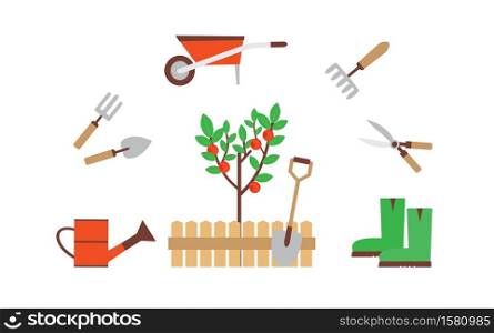 The collection of gardening tools. The perfect equipment for the garden. Set flat vector illustrations.. gardener with garden tools