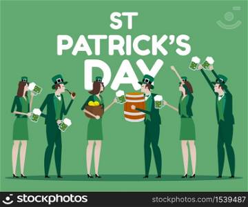 The compny people celebrate St. Patrick&rsquo;s Day. They are dressed in carnival headgear, Green, Celebration.