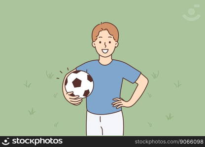 The concept of a football player boy. A young smiling boy stands holding a soccer ball looking into the frame and smiling on a green background vector illustration. A young smiling boy stands holding a soccer ball