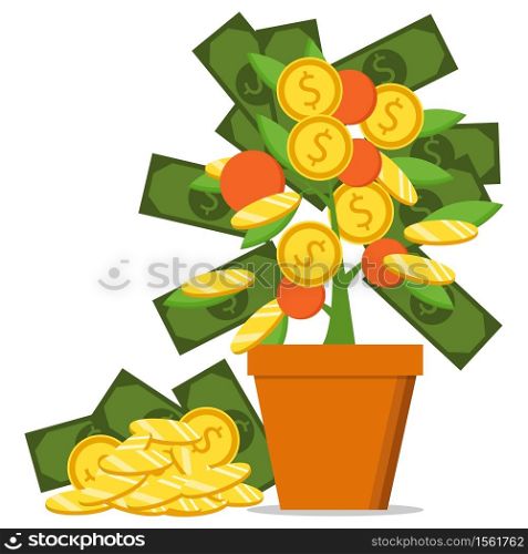 The concept of earnings, success in work, money. Vector illustration. The hand of a businessman who pours a money tree. . The hand of a businessman who pours a money tree. The concept of earnings, success in work, money. Vector illustration