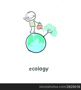 The concept of ecological restoration. A man watering a tree. Illustration.