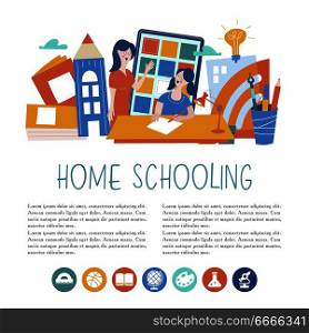 The concept of home schooling. The emblem of home education for large families and families with children with disabilities. Vector illustration.. The concept of homeschooling. The emblem of home schooling for large families. Vector illustration
