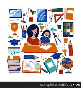 The concept of home schooling. The emblem of home education for large families and families with children with disabilities. Vector illustration.. The concept of homeschooling. The emblem of home schooling for large families. Vector illustration