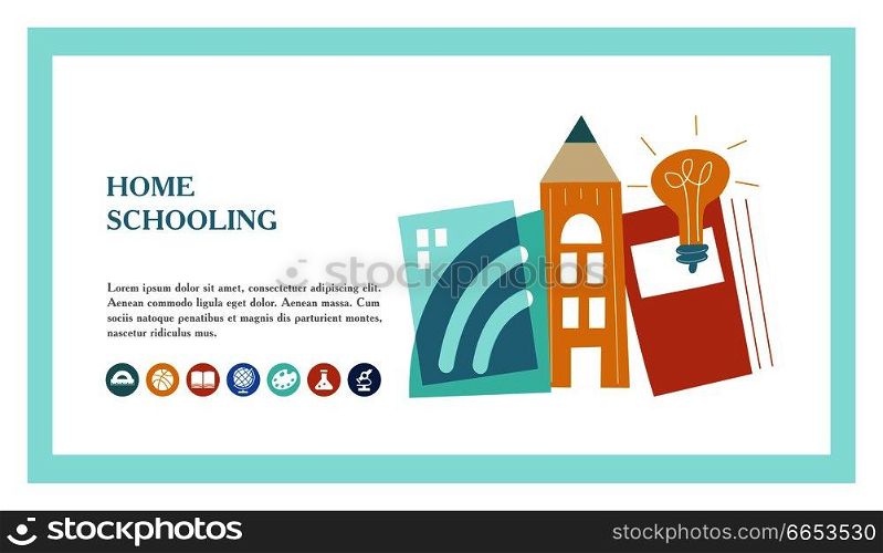 The concept of homeschooling. Home office. Textbooks, books, pencils and a Desk lamp on the table. Emblem of education. Vector illustration. Landing page template.. The concept of homeschooling. Emblem of education. Vector illustration.