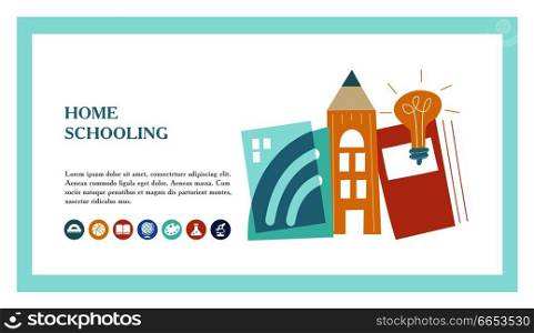 The concept of homeschooling. Home office. Textbooks, books, pencils and a Desk lamp on the table. Emblem of education. Vector illustration. Landing page template.. The concept of homeschooling. Emblem of education. Vector illustration.