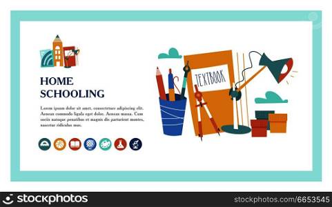 The concept of homeschooling. Home office. Textbooks, books, pencils and a Desk l&on the table. Emblem of education. Vector illustration. Landing page template.. The concept of homeschooling. Emblem of education. Vector illustration.