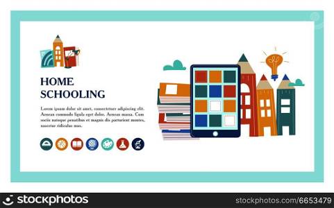 The concept of homeschooling. Home office. Textbooks, books, pencils, tablet on the table. Emblem of education. Vector illustration. Landing page template.. The concept of homeschooling. Emblem of education. Vector illustration.