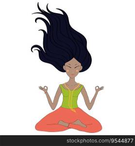 The concept of meditation for all, an Asian girl is sitting in a meditation pose with flying flowing hair. Healthful body, mind and emotions, yoga and lotus postures. Vector illustration