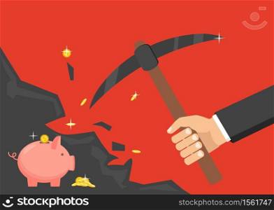 The concept of money, earnings, success. Vector illustration. The hand of a businessman dips a rock, searching for a treasure. . The hand of a businessman dips a rock, searching for a treasure. The concept of money, earnings, success. Vector illustration
