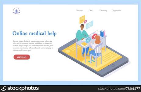 The concept of online medicine and diagnosis. Web site template. Male doctor examines female patient in a medical office. Diagnosis and medication. Remote communication between therapist, patient.. Medical web site template of online consultation. Healthcare and pharmacology. Doctor and patient