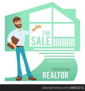 The concept of real estate services. Real estate agent showing a house. Character man realtor with folder in hand. For the design of business cards, banners and advertising. Vector illustration.