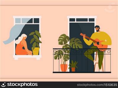 The concept of social isolation during the coronavirus pandemic. People playing musical instruments guitar on balconies. Stay home quarantine. The concept of social isolation during the coronavirus pandemic. People playing musical instruments guitar on balconies. Stay home quarantine.