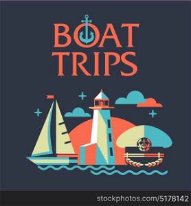 The concept of travel on a yacht. The rest of the sea. Illustration in flat style. Boat trips.