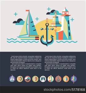 The concept of travel on a yacht. The rest of the sea. Illustration in flat style. Boat trips. Set of round icons.