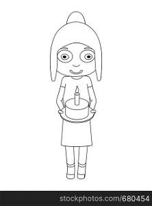 The contour of the girl with a cake. Cute girl holding a cake with a candle.