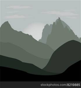 The contour of the mountains against the background of the rising sun in blue-green tones with transparent clouds in the sky. For design about travel, tourism, climbers. Vector illustration.