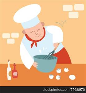 The cook in the kitchen. Whisk the eggs. A restaurant chef. cook kitchen Whisk eggs