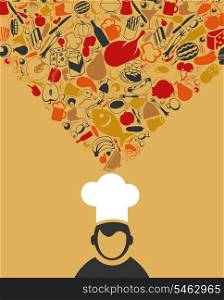 The cook thinks about food. A vector illustration