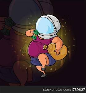 The cool boy holding the sack money and using astronaut helmet of illustration