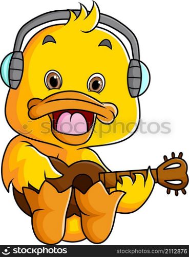 The cool duck is playing guitar while sitting