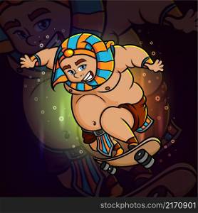 The cool egyptian is playing the skateboard esport mascot design