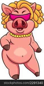 The cool pig is wearing a sunglasses and gold necklace