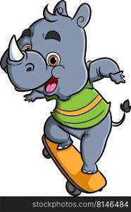 The cool rhinoceros is playing skateboard with happy expression