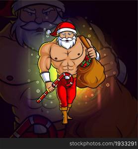 The cool santa with a sack of gift esport mascot design-