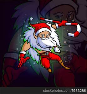 The cool santa with candy stick esport mascot design