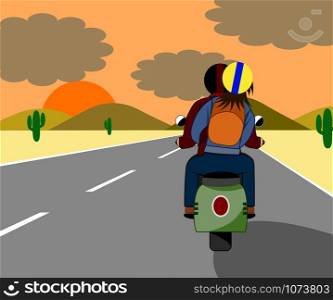 The couple are riding a motorbike together happily on the beautiful love road at sunset.