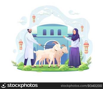 The couple celebrates Eid al Adha by donating two goats for qurban. Eid Al Adha Mubarak. Flat vector illustration