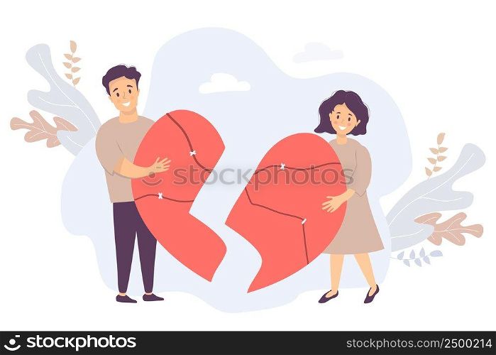 The couple is holding broken halves of the heart. Man and woman reunite, gluing together into a single large cracked red heart against. Vector. Concept of love, restoration of relationships and family