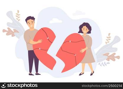 The couple is holding broken halves of the heart. Man and woman reunite, gluing together into a single large cracked red heart against. Vector. Concept of love, restoration of relationships and family