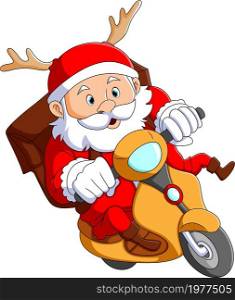 The courier santa is riding the motorcycle