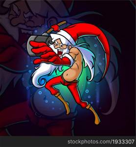 The crazy santa attack with the hammer esport mascot design