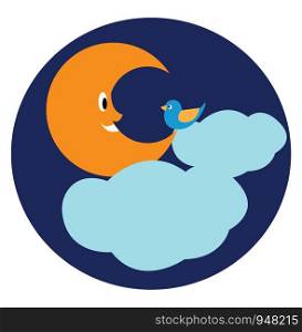 The crescent brown moon smiling at the little blue bird with yellow beak and plumage look marvelous while the floating clouds covering the sky as the background, vector, color drawing or illustration.