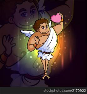 The cupid is holding and raising up a love esport mascot design