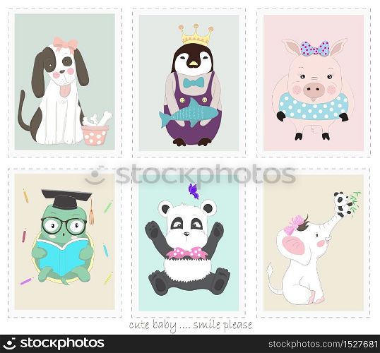 The cute animal cartoon in picture frame. Hand drawn cartoon style