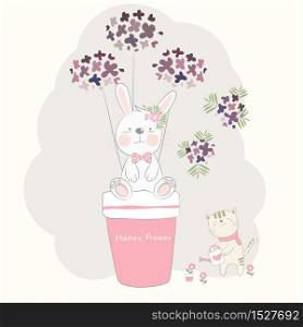 The cute baby rabbit and flower with cat. Hand drawn cartoon style