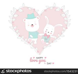 The cute baby rabbit and piggy character animal cartoon hand drawn style
