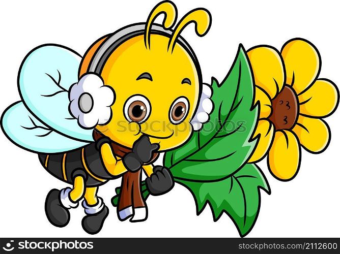 The cute bee is flying and holding a sunflower